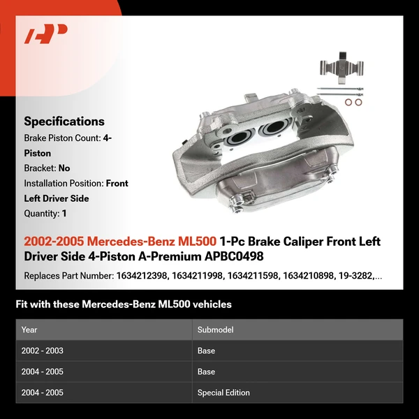 2002-2005 Mercedes-Benz ML500 1-Pc Brake Caliper Front Left Driver Side 4-Piston A-Premium APBC0498