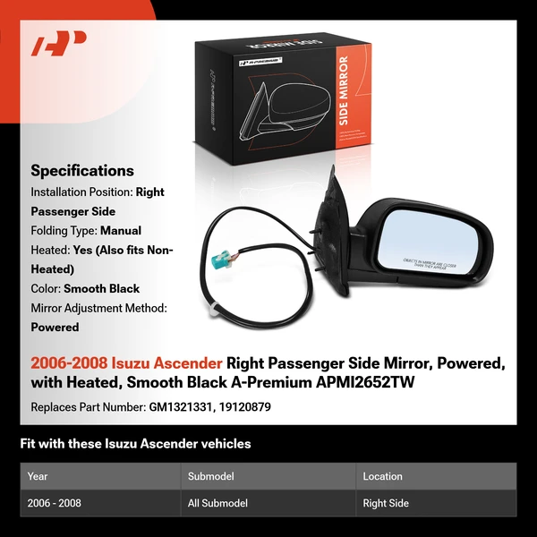 2006-2008 Isuzu Ascender Right Passenger Side Mirror, Powered, with Heated, Smooth Black A-Premium APMI2652TW