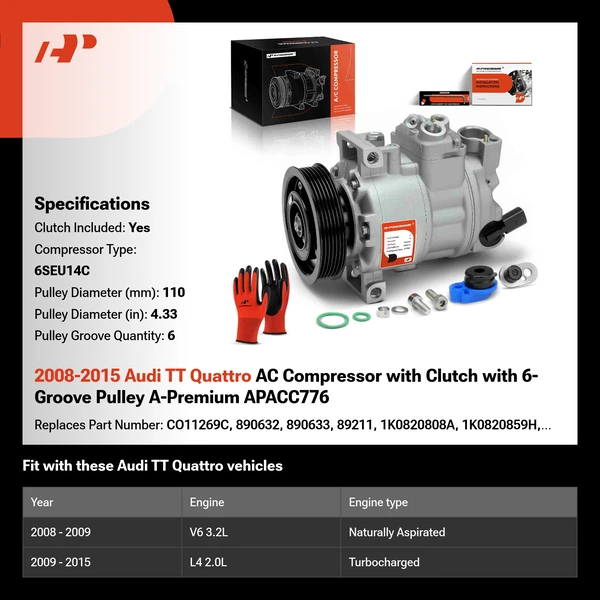 2008-2015 Audi TT Quattro AC Compressor with Clutch with 6-Groove Pulley A-Premium APACC776