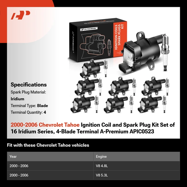 2000-2006 Chevrolet Tahoe Ignition Coil and Spark Plug Kit Set of 16 Iridium Series, 4-Blade Terminal A-Premium APIC0523