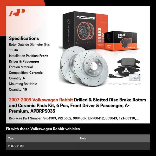 2007-2009 Volkswagen Rabbit Drilled & Slotted Disc Brake Rotors and Ceramic Pads Kit, 6 Pcs, Front Driver & Passenger, A-Premium, APBRPS035
