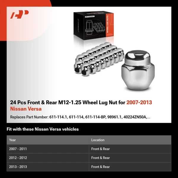 24 Pcs Front & Rear M12-1.25 Wheel Lug Nut for 2007-2013 Nissan Versa