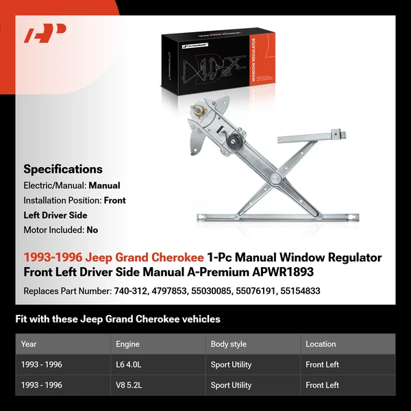 1993-1996 Jeep Grand Cherokee 1-Pc Manual Window Regulator Front Left Driver Side Manual A-Premium APWR1893