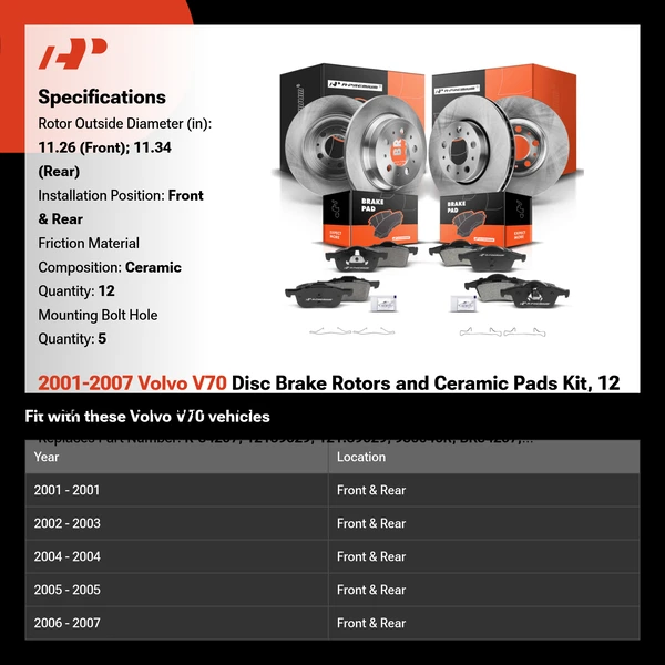 2001-2007 Volvo V70 Disc Brake Rotors and Ceramic Pads Kit, 12 Pcs, Front & Rear, A-Premium, APBRPR467