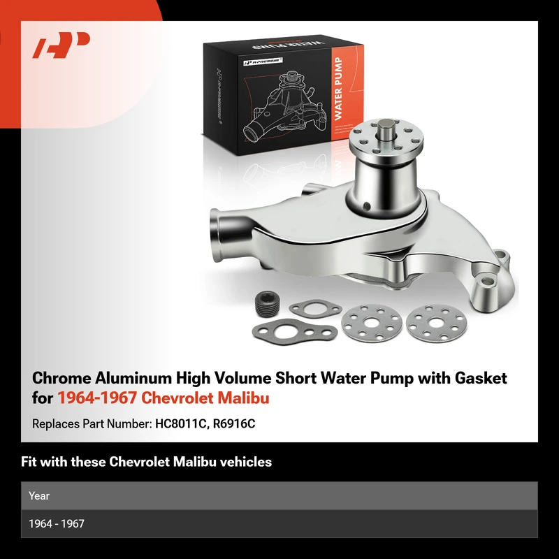 Chrome Aluminum High Volume Short Water Pump with Gasket for 1964-1967 Chevrolet Malibu