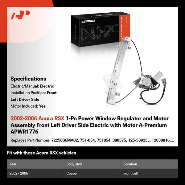 2002-2006 Acura RSX 1-Pc Power Window Regulator and Motor Assembly Front Left Driver Side Electric with Motor A-Premium APWR1776