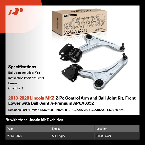 2013-2020 Lincoln MKZ 2-Pc Control Arm and Ball Joint Kit, Front Lower with Ball Joint A-Premium APCA3052