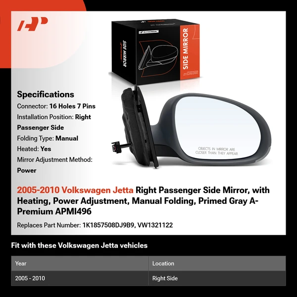 2005-2010 Volkswagen Jetta Right Passenger Side Mirror, with Heating, Power Adjustment, Manual Folding, Primed Gray A-Premium APMI496