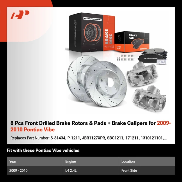 8 Pcs Front Drilled Brake Rotors & Pads + Brake Calipers for 2009-2010 Pontiac Vibe