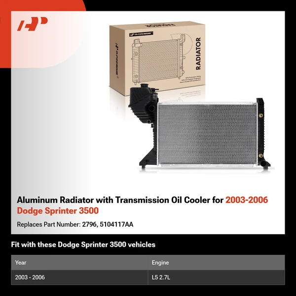 Aluminum Radiator with Transmission Oil Cooler for 2003-2006 Dodge Sprinter 3500