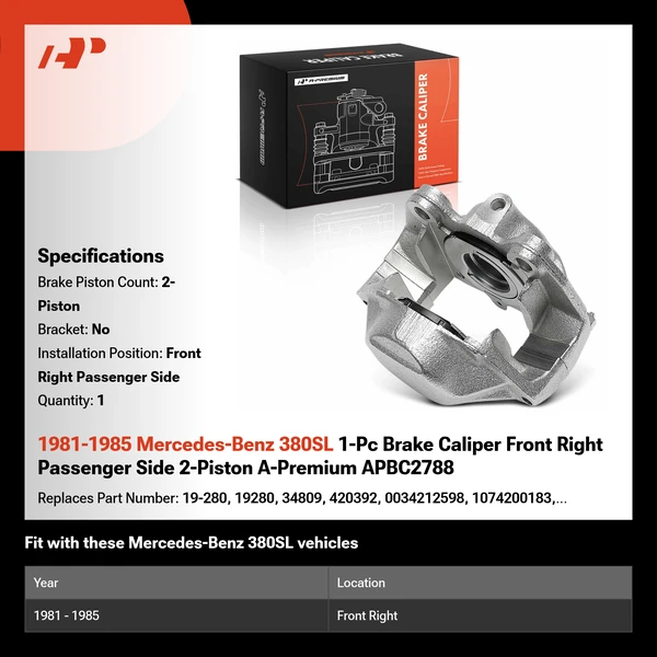 1981-1985 Mercedes-Benz 380SL 1-Pc Brake Caliper Front Right Passenger Side 2-Piston A-Premium APBC2788