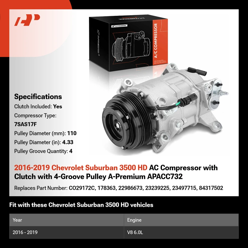 2016-2019 Chevrolet Suburban 3500 HD AC Compressor with Clutch with 4-Groove Pulley A-Premium APACC732