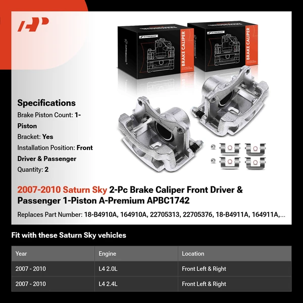 2007-2010 Saturn Sky 2-Pc Brake Caliper Front Driver & Passenger 1-Piston A-Premium APBC1742