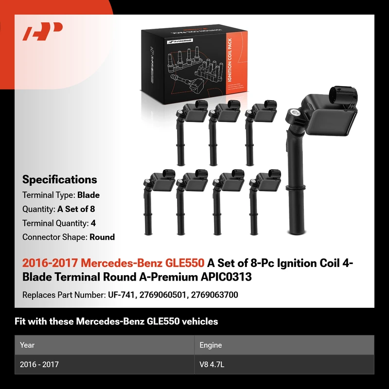 2016-2017 Mercedes-Benz GLE550 A Set of 8-Pc Ignition Coil 4-Blade Terminal Round A-Premium APIC0313