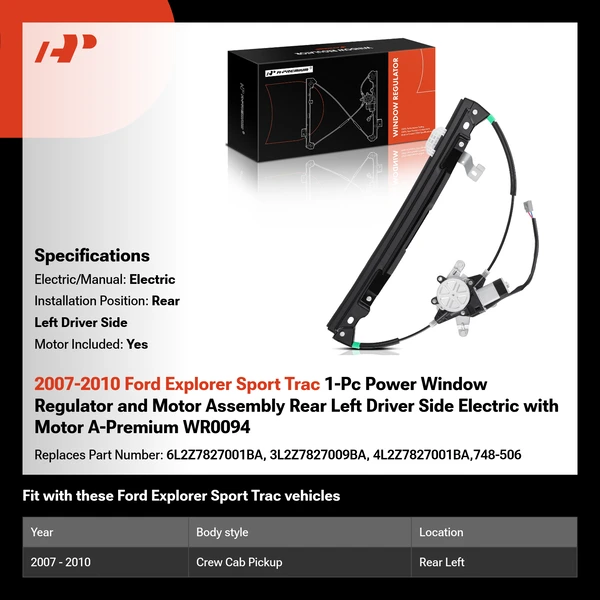 2007-2010 Ford Explorer Sport Trac 1-Pc Power Window Regulator and Motor Assembly Rear Left Driver Side Electric with Motor A-Premium WR0094