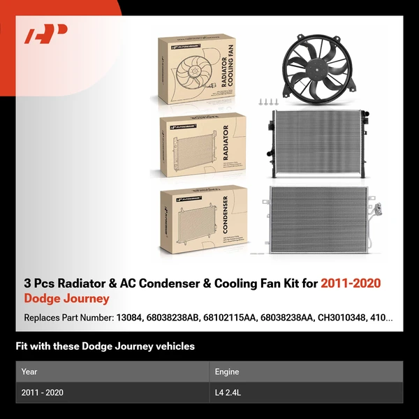 3 Pcs Radiator & AC Condenser & Cooling Fan Kit for 2011-2020 Dodge Journey