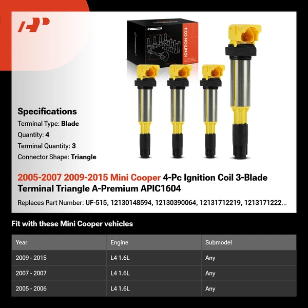 2005-2007 2009-2015 Mini Cooper 4-Pc Ignition Coil 3-Blade Terminal Triangle A-Premium APIC1604