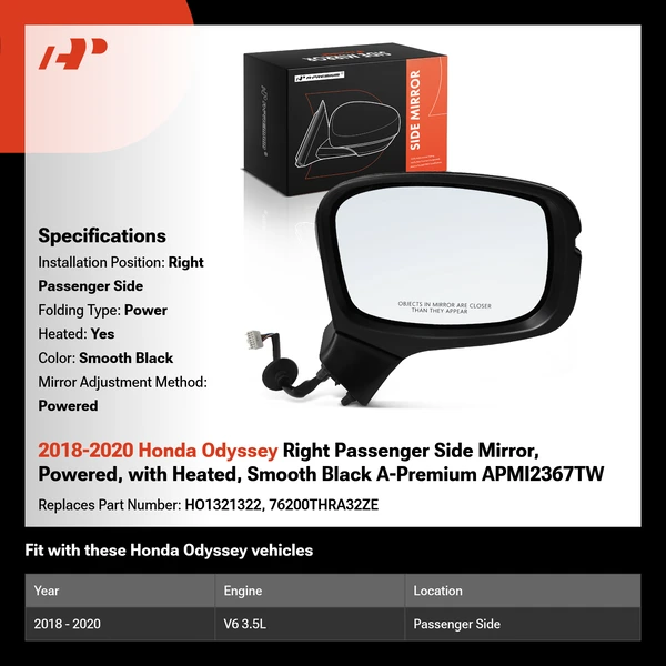 2018-2020 Honda Odyssey Right Passenger Side Mirror, Powered, with Heated, Smooth Black A-Premium APMI2367TW