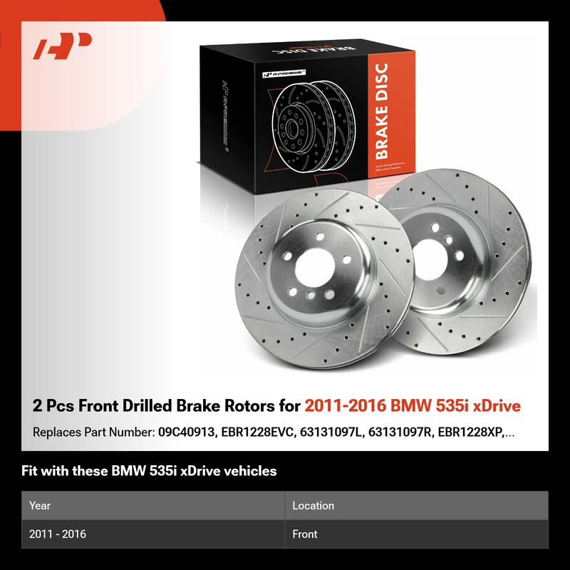 2 Pcs Front Drilled Brake Rotors for 2011-2016 BMW 535i xDrive