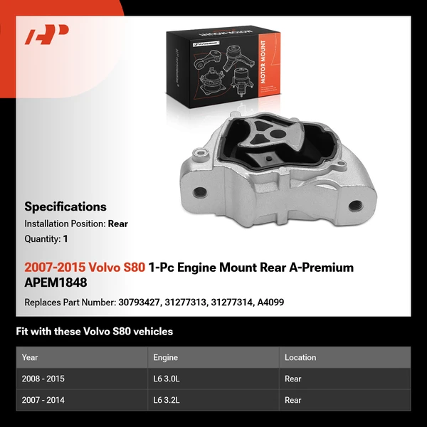 2007-2015 Volvo S80 1-Pc Engine Mount Rear A-Premium APEM1848