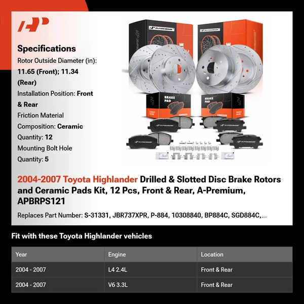2004-2007 Toyota Highlander Drilled & Slotted Disc Brake Rotors and Ceramic Pads Kit, 12 Pcs, Front & Rear, A-Premium, APBRPS121