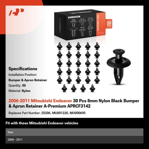 2006-2011 Mitsubishi Endeavor 30 Pcs 8mm Nylon Black Bumper & Apron Retainer A-Premium APRCF3142