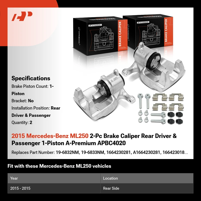 2015 Mercedes-Benz ML250 2-Pc Brake Caliper Rear Driver & Passenger 1-Piston A-Premium APBC4020