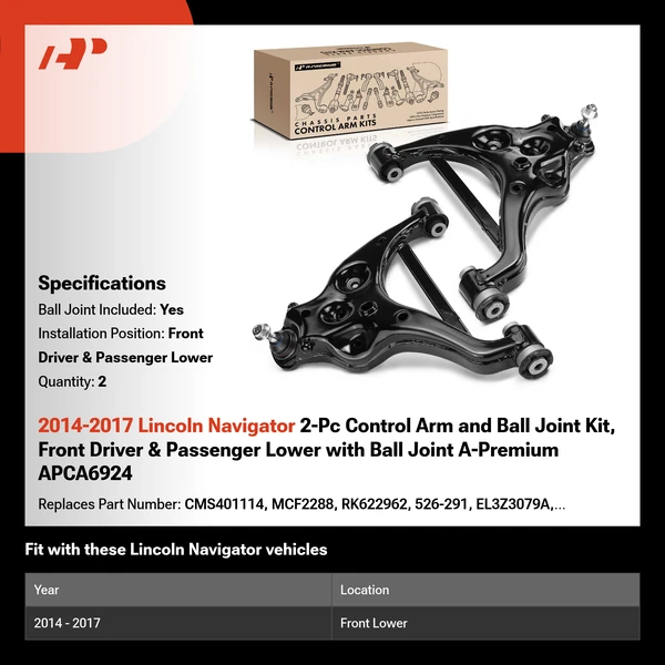 2014-2017 Lincoln Navigator 2-Pc Control Arm and Ball Joint Kit, Front Driver & Passenger Lower with Ball Joint A-Premium APCA6924