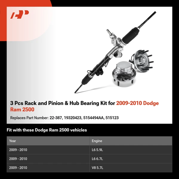 3 Pcs Rack and Pinion & Hub Bearing Kit for 2009-2010 Dodge Ram 2500