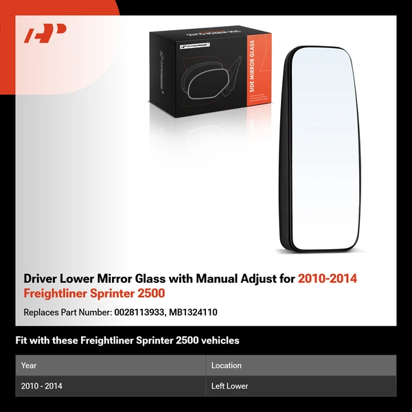 Driver Lower Mirror Glass with Manual Adjust for 2010-2014 Freightliner Sprinter 2500