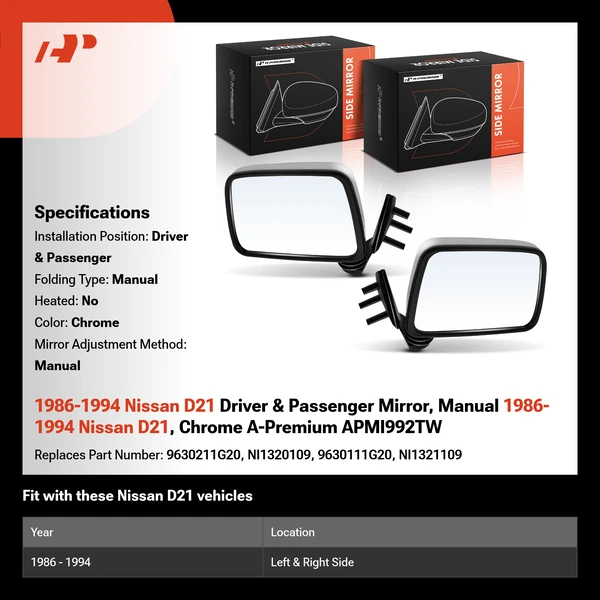 1986-1994 Nissan D21 Driver & Passenger Mirror, Manual 1986-1994 Nissan D21, Chrome A-Premium APMI992TW