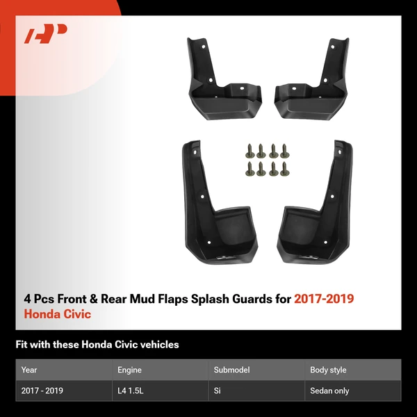 4 Pcs Front & Rear Mud Flaps Splash Guards for 2017-2019 Honda Civic