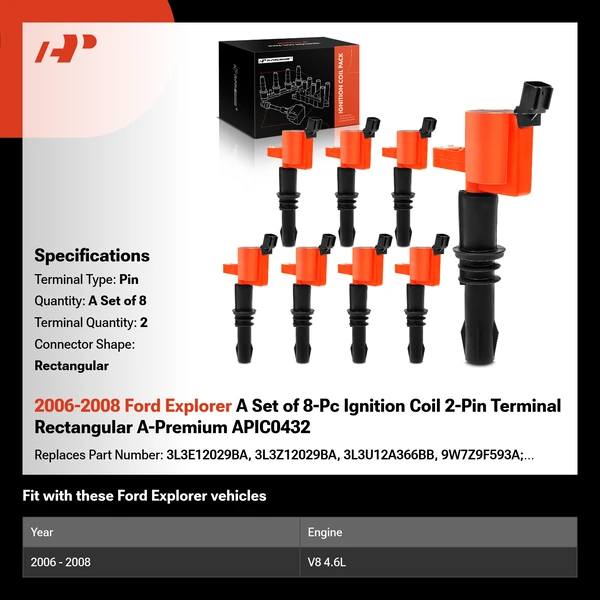 2006-2008 Ford Explorer A Set of 8-Pc Ignition Coil 2-Pin Terminal Rectangular A-Premium APIC0432