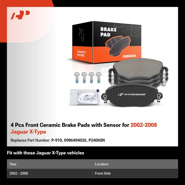 4 Pcs Front Ceramic Brake Pads with Sensor for 2002-2008 Jaguar X-Type