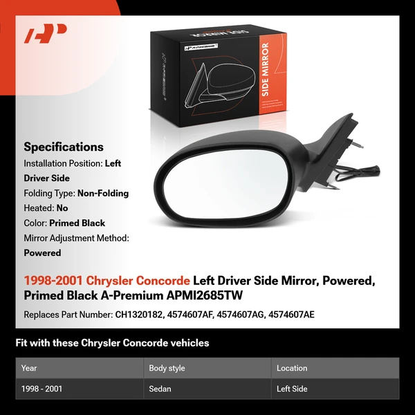 1998-2001 Chrysler Concorde Left Driver Side Mirror, Powered, Primed Black A-Premium APMI2685TW