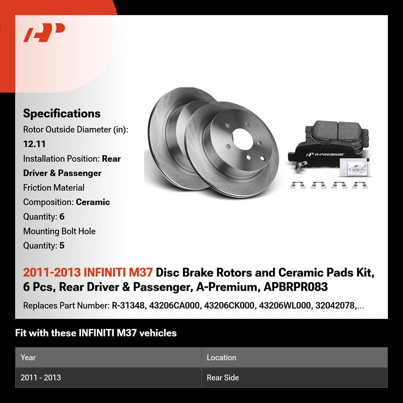 2011-2013 INFINITI M37 Disc Brake Rotors and Ceramic Pads Kit, 6 Pcs, Rear Driver & Passenger, A-Premium, APBRPR083