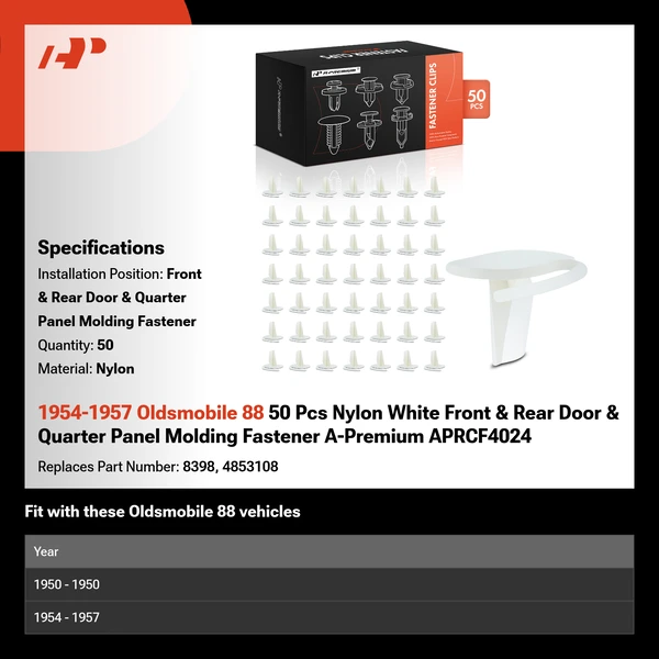 1954-1957 Oldsmobile 88 50 Pcs Nylon White Front & Rear Door & Quarter Panel Molding Fastener A-Premium APRCF4024