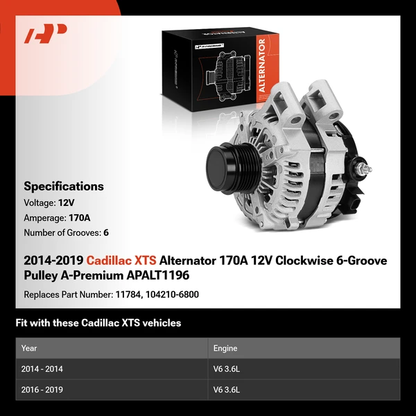 2014-2019 Cadillac XTS Alternator 170A 12V Clockwise 6-Groove Pulley A-Premium APALT1196