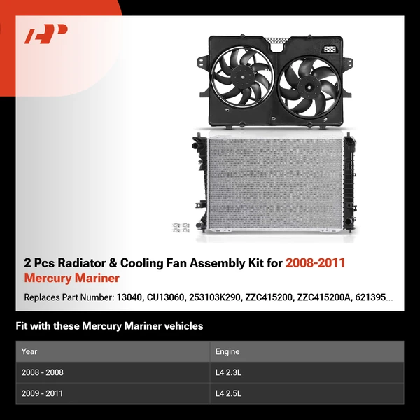 2 Pcs Radiator & Cooling Fan Assembly Kit for 2008-2011 Mercury Mariner