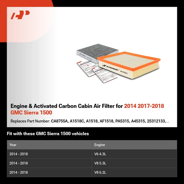 Engine & Activated Carbon Cabin Air Filter for 2014 2017-2018 GMC Sierra 1500