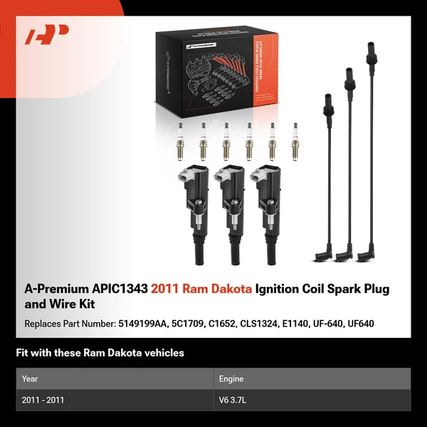 A-Premium APIC1343 2011 Ram Dakota Ignition Coil Spark Plug and Wire Kit