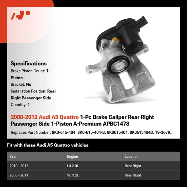 2008-2012 Audi A5 Quattro 1-Pc Brake Caliper Rear Right Passenger Side 1-Piston A-Premium APBC1473