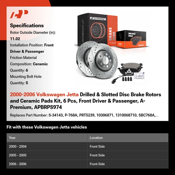 2000-2006 Volkswagen Jetta Drilled & Slotted Disc Brake Rotors and Ceramic Pads Kit, 6 Pcs, Front Driver & Passenger, A-Premium, APBRPS974