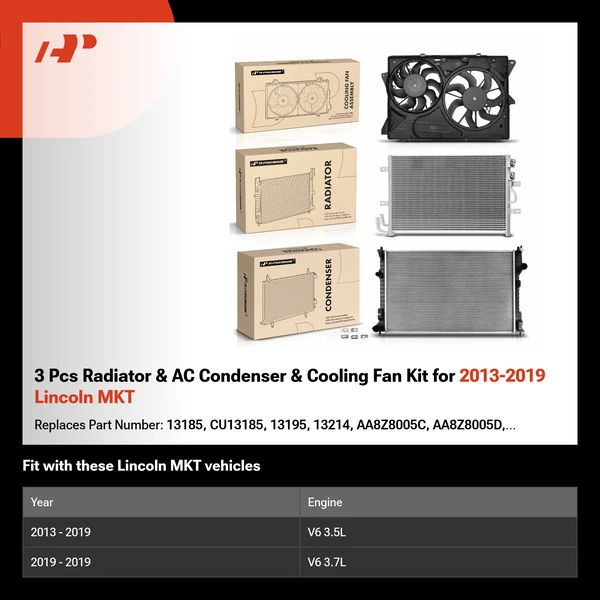 3 Pcs Radiator & AC Condenser & Cooling Fan Kit for 2013-2019 Lincoln MKT
