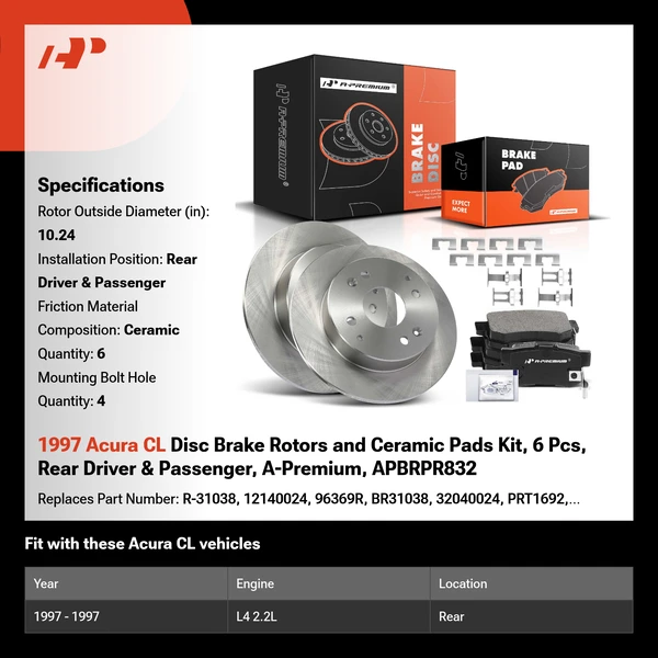 1997 Acura CL Disc Brake Rotors and Ceramic Pads Kit, 6 Pcs, Rear Driver & Passenger, A-Premium, APBRPR832