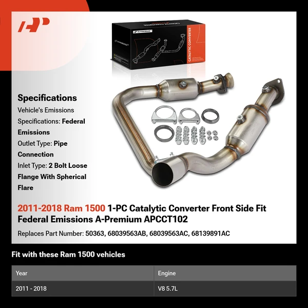 2011-2018 Ram 1500 1-PC Catalytic Converter Front Side Fit Federal Emissions A-Premium APCCT102
