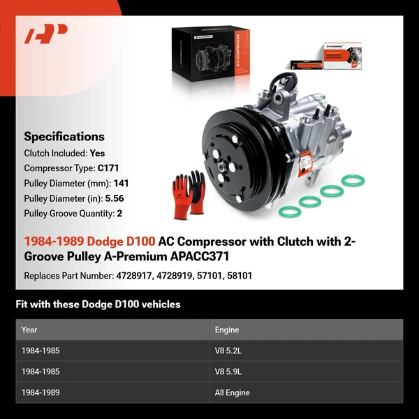 1984-1989 Dodge D100 AC Compressor with Clutch with 2-Groove Pulley A-Premium APACC371