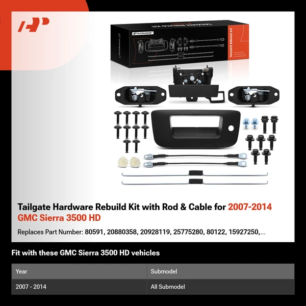 Tailgate Hardware Rebuild Kit with Rod & Cable for 2007-2014 GMC Sierra 3500 HD
