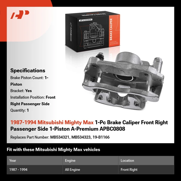 1987-1994 Mitsubishi Mighty Max 1-Pc Brake Caliper Front Right Passenger Side 1-Piston A-Premium APBC0808