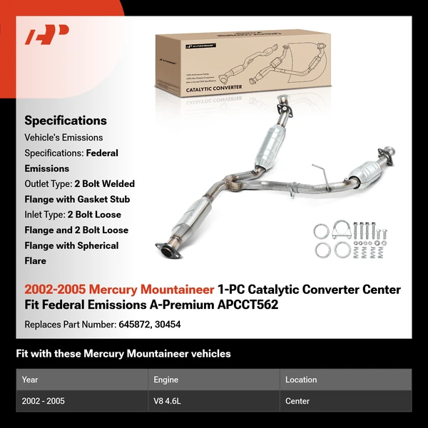 2002-2005 Mercury Mountaineer 1-PC Catalytic Converter Center Fit Federal Emissions A-Premium APCCT562